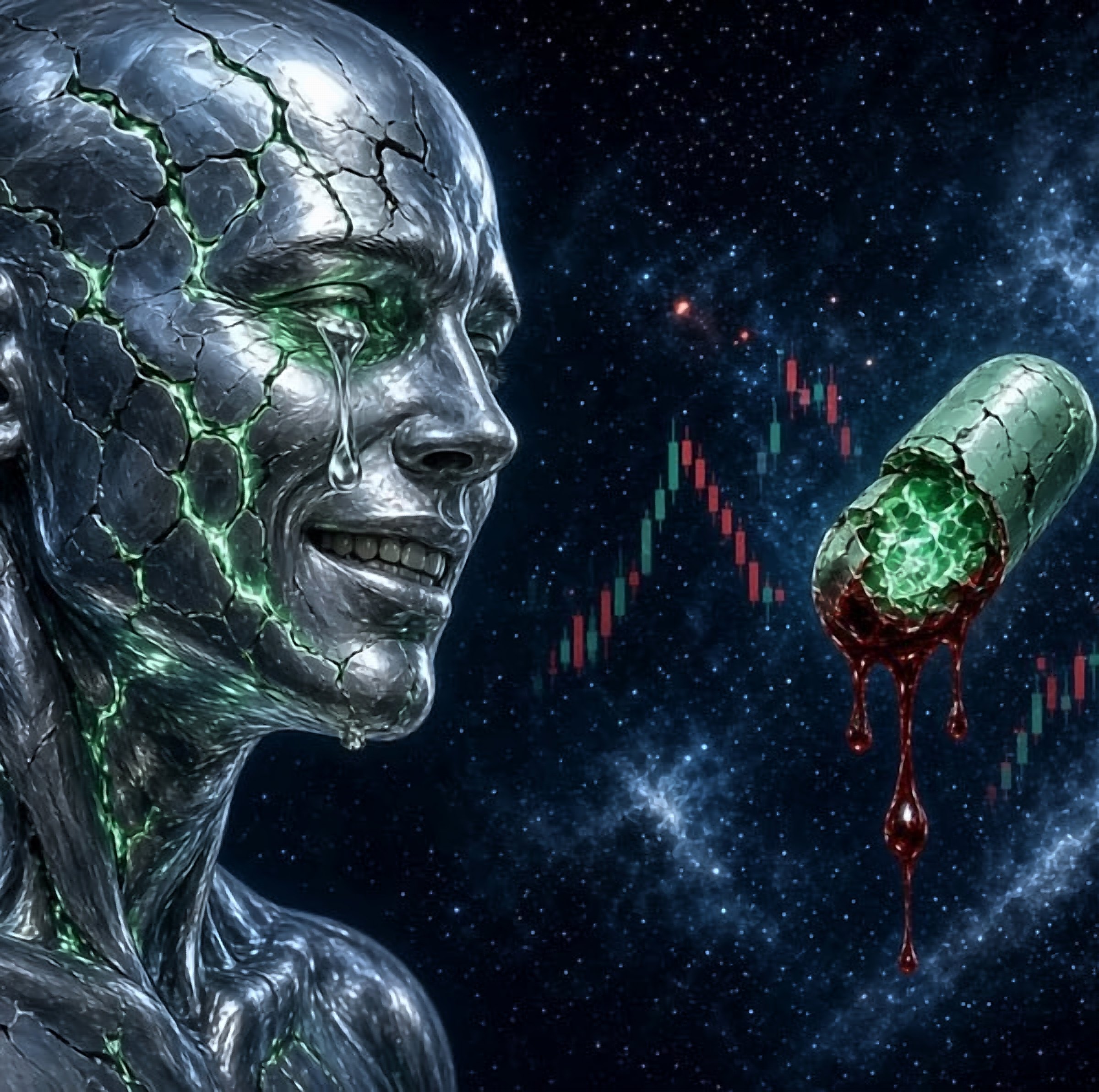 A cracked chrome face leaking mint-green light, grinning at a red candle chart